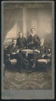 cca 1910 Fiúk műtermi portréja, keményhátú fotó a rákosligeti Opál Fényirdából, 20,5×11 cm