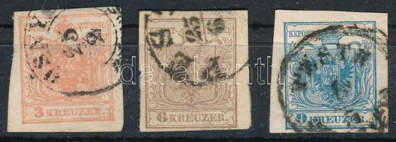 1850 3kr, 6kr és 9kr "(R)OSNYO", 2 klf "PESTH"