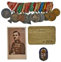 1902-1940. Vitéz Görgényi Sándor (Rojt/Bojt 1891 - Don-kanyar 1943, eltűnt) 14xklf kitüntetése pánton + 1927. "Vitézi Jelvény" zománcozott bronz jelvény, bronz kard feltéttel, hátlapon ferde kitűzőpántokkal, egyiken "6583-as sorszámmal, "JEROUSCHEK BPEST SEMMELWEIS U. 7." gyártói jelzéssel, viseltes állapotú 6583-as sorszámú, névre szóló igazolvánnyal (56x37mm) + fényképes képeslap, a képen látható személy egyenruháján a Vitézi Jelvény és a pánton lévő kitüntetések (a kép 1927-1935 közötti készültekor még csak 8db kitüntetés látható a pánton). A pánton lévő 14db kitüntetés balról-jobbra, sorrendben:  1914. "Ferenc József I. osztályú Ezüst Vitézségi Érem" peremén jelzett Ag kitüntetés. Szign.: Leisek 1935. "Magyar Ezüst Érdemkereszt" jelzetlen Ag kitüntetés 1922. "Magyar Ezüst Érdemérem" jelzetlen Ag kitüntetés 1914. "Ferenc József Bronz Vitézségi Érem" bronz kitüntetés. Szign.: Tautenhayn 1916. "Károly-csapatkereszt" Zn kitüntetés 1918. "Sebesültek Érme" Zn kitüntetés egy sebesülés után járó mellszalaggal 1940. "Nemzetvédelmi Kereszt" ezüstözött bronz kitüntetés 1929. "Magyar Háborús Emlékérem kardokkal, sisakkal" ezüstözött bronz kitüntetés, peremén BRONZ fémjellel 1923. "I. osztályú Legénységi Szolgálati Jel" bronz kitüntetés 1940. "Erdélyi részek felszabadulásának emlékére" Zn emlékérem. Szign.: Berán 1913. "Mozgósítási Kereszt / 1912-1913-as Emlékkereszt" bronz kitüntetés Olaszország 1902. "A Királyi Ház Emlékérem, ezüst fokozat" jelzetlen Ag emlékérem Ausztria 1932. "Osztrák Háborús Emlékérem" bronz kitüntetés Bulgária 1933-1939. "Európai Háborús Emlékérem 1915-1918" aranyozott bronz kitüntetés  NMK 129, 386, 390, 137, 295, 328, 442, 418, 355, 428, 275  Hungary 1902-1940. 14xdiff decorations of Vitéz Sándor Görgényi (Rojt/Bojt 1891 - Don-river, USSR, 1943, disappeared) on strap + 1927. "Badge of the Order of Vitéz" enameled bronze badge, bronze sword overlay, on the back two oblique bands, with serial number "6583", with "JEROUSCHEK BPEST SEMMELWEIS U. 7." manufacturer's mark, with worn certificate with "6583" serial number (56x37mm) + photo postcard, the person in the picture has the Vitézi Jelvény on his uniform and the medals on the strap (when the picture was taken between 1927-1935, only 8 medals were still visible on the strap). The 14 medals on the strap, from left to right, in order:  Hungary 1914. "Silver Gallantry Medal, 1st Class" Ag decoration, hallmarked on the edge. Sign: Leisek Hungary 1935. "Hungarian Silver Cross of Merit" unmarked Ag decoration Hungary 1922. "Hungarian Silver Medal of Merit (SI DEUS PRONOBIS QUIS CONTRA NOS MCMXXII)" unmarked Ag decoration Hungary 1914. "Bronze Gallantry Medal (Der Tapferkeit)" bronze decoration. Sign.: Tautenhayn Hungary 1916. "Charles Troop Cross" Zn decoration Hungary 1918. "Wound Medal (Laeso Militi)" Zn decoration with 1st time wound ribbon Hungary 1940. "National Defense Cross" silver plated bronze decoration Hungary 1929. "Hungarian Commemorative War Medal with swords and a helmet" silver plated bronze decoration, with "BRONZ" hallmark on edge Hungary 1923. "Distinction for Long Service for the Soldiers, 1st Class" bronze decoration Hungary 1940. "Commemorative Medal for the Liberation of Transylvania" Zn medal. Sign.: Berán Hungary 1913. "Commemorative Cross, 1912-1913" bronze decoration Italy 1902. "A Medal Of Remembrance Of The Royal House, Silver Grade" unmarked Ag medal Austria 1932. "Great War Commemorative Medal" bronze decoration Bulgaria ~1933-1939. "European War Commemorative Medal 1915-1918" gilt bronze decoration  NMK 129, 386, 390, 137, 295, 328, 442, 418, 355, 428, 275