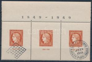 Franciaország 1949 Bélyeg kiállítás blokk az teljes ívből származó ívszéli hármascsíkban, ívszéli felirattal, 3 x Mi block 4. RR! (Mi EUR 135,- +++)