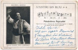 Balázsfalva, Blasendorf, Blaj; Amintiri din Blaj. Mesterul Manole - Tenorul dramatic Nicu Corfescu. Manastirea Argesului / Balázsfalvi emlék, Manole mester balladája / In Romanian mythology Mesterul Manole, was the chief architect of the Curtea de Arges Monastery (kopott sarkak / worn corners)