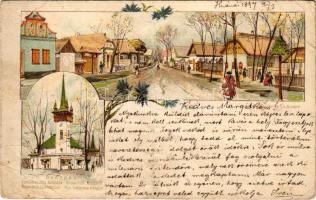 1897 Budapest XIV. Városliget, Ezredéves Országos Kiállítás, Magyar utca és a templom, Posner és Fia, litho barna 2 Kr. Ga. s: Cserna (fa)