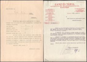 1937-1939 Bp., Ganz és Társa Villamossági, Gép-, Waggon- és Hajógyár R.T. iratok Gádor László építészmérnök részére, 6 db