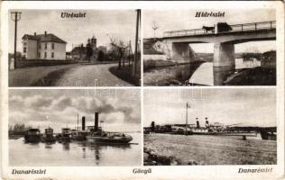 1937 Gönyű, utcarészlet, hídrészlet, Duna részlet, gőzhajó. Röszler kiadása (ázott sarok / wet corner)