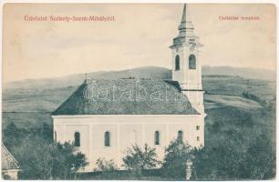 Székelyszentmihály, Székely-Szent-Mihály, Szentmihály, Mihaileni; Unitárius templom. Dunky fivérek cs. és kir. udvari fényképészek kiadása / Unitarian church (gyűrődés / crease)