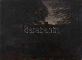 Jelzés nélkül, XIX. sz. festő (Carl Scherres?): Világítás a házikóban. Olaj, fatábla. Hátoldalán Kovács Dezső hagyatéki bélyegzővel és utólagos C. Scherres felirattal. 15,5x21 cm