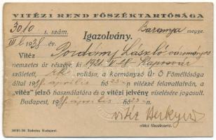1938. "Vitézi Jelvény" jó állapotú 3010-es sorszámú várományos igazolványa (56x37mm)