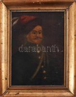 Olvashatatlan jelzéssel (?), XVIII. v. XIX. sz. festő: Magyar nemes portréja. Olaj, vászon. Tetején nehezen olvasható latin ny. felirattal és évszámmal. Javított. Apró felületi sérülésekkel. 20,5x15,5 cm. Dekoratív, kissé sérült fakeretben.
