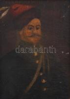 Olvashatatlan jelzéssel (?), XVIII. v. XIX. sz. festő: Magyar nemes portréja. Olaj, vászon. Tetején ...