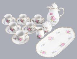 Hollóházi Hajnalka mintás mokkás / kávés készlet, extra tálcával, rózsákon kis sérüléssel, teljes, jelzett.