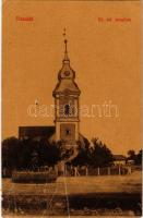 1910 Tiszalök, református templom. Tóth Sándor kiadása, W. L. (?) 91. + "350" vasúti mozgóposta bélyegző (gyűrődések / creases)