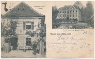 1912 Szénaverős, Zendrisch, Zendersch, Senerus; Ev. Schule und Kirche, Geschäftslokal Prudner / Evangélikus templom és iskola, Prudner üzlete / Lutheran church and school, shop (fl)