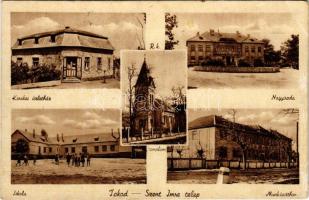 1949 Tokod, Szent Imre telep, Kerekes üzletház, iskola, nagyiroda, munkásotthon, templom + "VARBÓ POSTAÜGYN." (EB)