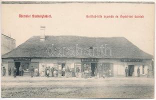 Székelyhíd, Sacueni; Árpád tér, Gottlieb-féle nyomda, Weisz R. és Társa, Sarkadi Ignác üzlete / square, publishing and printing house, shops (vágott / cut)