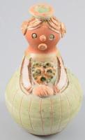 Kiss Roóz Ilona (1920-2010):Lány, virágcsokorral, Mázas kerámia szobor. Kézzel festett, jelzett, hibátlan 11 cm