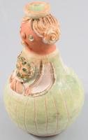 Kiss Roóz Ilona (1920-2010):Lány, virágcsokorral, Mázas kerámia szobor. Kézzel festett, jelzett, hib...