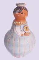 Kiss Roóz Ilona (1920-2010):Lány, virágcsokorral, Mázas kerámia szobor. Kézzel festett, jelzett, hibátlan 11 cm
