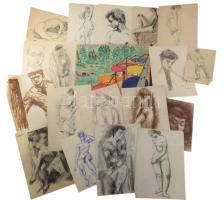 Olvashatatlan jelzéssel vagy jelzés nélkül: 30 db rajz, közte több női akt tanulmány. Klf. technikák, papír, klf, méretekben.