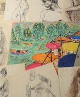 Olvashatatlan jelzéssel vagy jelzés nélkül: 30 db rajz, közte több női akt tanulmány. Klf. technikák...