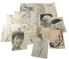 Olvashatatlan jelzéssel vagy jelzés nélkül: 30 db rajz, közte több női akt tanulmány. Klf. technikák, papír, klf, méretekben.