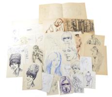 Olvashatatlan jelzéssel vagy jelzés nélkül: 30 db rajz, közte több női akt tanulmány. Klf. technikák, papír, klf, méretekben.