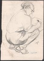 Olvashatatlan jelzéssel: László Gyula rajzol. László Gyula (1910-1998) Széchenyi-díjas régész, történész, képzőművész autográf aláírásával. Ceruza, papír, sérült, javított. 31x22 cm