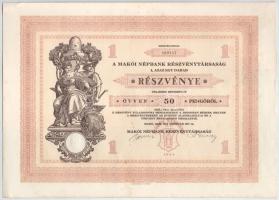 1929. Makó "Makói Népbank Részvénytársaság" részvénye 50P-ről, szelvényekkel, szárazpecsét...