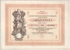 1929. Makó "Makói Népbank Részvénytársaság" részvénye 50P-ről, szelvényekkel, szárazpecsét...