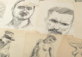 Olvashatatlan jelzéssel vagy jelzés nélkül: 30 db rajz, közte néhány neves személyiség arcképe (Kaff...