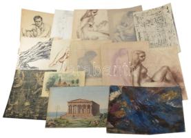 Olvashatatlan jelzéssel vagy jelzés nélkül: 30 db rajz, közte több női akt tanulmány. Klf. technikák, papír, klf, méretekben.
