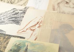 Olvashatatlan jelzéssel vagy jelzés nélkül: 30 db rajz, közte több női akt tanulmány. Klf. technikák...