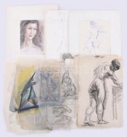 Olvashatatlan jelzéssel vagy jelzés nélkül: 30 db rajz, közte több női akt tanulmány. Klf. technikák, papír, klf, méretekben. Részben sérült.