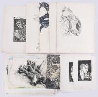 Olvashatatlan jelzéssel vagy jelzés nélkül: 30 db rajz és sokszorosított grafika, közte néhány kevés Dunakanyar. Klf. technikák, papír, klf, méretekben. Részben sérült.