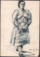 Deliné Bacher Rózsi (1897-1956): Női akt divatos ruhában és táskával. Tus, papír, jelzett. Sérült, kissé foltos. 29,5x21cm