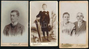 cca 1890 Műtermi portrék, 3 db keményhátú fotó felvidéki (Selmecbánya, Aranyosmarót, Trencsénteplic) műtermekből, 10,5×6,5 cm