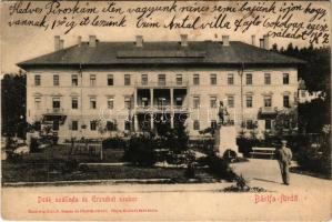 1903 Bártfa, Bártfafürdő, Bardejovské Kúpele, Bardiov, Bardejov; Deák szálloda, Erzsébet királyné (Sisi) szobor, emlékmű. Eschwig Ede F. kiadása. Hajts Kornél felvétele / hotel, Empress Elisabeth of Austria monument, statue (ázott / wet damage)