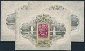 1949 Lánchíd III. 3 db blokk (330.000) (az egyiken apró gumihiba a kereten / tiny gum disturbance on margin)