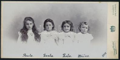 1902 Négy testvér fotója, keményhátú fotó Kumpf Antal mosonmagyaróvári műterméből, 8×16,5 cm