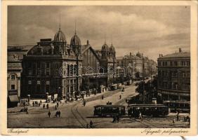 Budapest VI. Nyugati pályaudvar, vasútállomás, villamosok, Kertész Antal üzlete, Stühmer, Meinl kávé reklám (EK)
