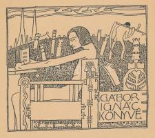 Kozma Lajos (1884-1948): Gábor Ignác könyve (szecessziós ex libris). Klisé, papír, jelzett a klisén, 9×10 cm