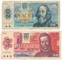 Szlovákia 1993. 20K szlovák bélyeggel csehszlovák 1988. 20K "H 46 031922" bankjegyen + 50K szlovák bélyeggel csehszlovák 1987. 50K "F 67 435719" bankjegyen T:F,VG Slovakia 1993. 20 Korun with Slovakian stamp on Czechoslovakian 1988. 20 Korun "H 46 031922" banknote + 1987. 50 Korun "F 67 435719" with Slovakian stamp on Czechoslovakian 1987 50 Korun banknote C:F,VG Krause 15.,16.