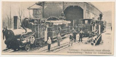 Budapest XII. Svábhegy, Fogaskerekű vasútállomás, gőzmozdony, hátoldalon kézzel írt jegyzet a vasút méreteiről (vágott / cut)