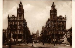 Budapest V. Klotild paloták, Rónai Miklós és Blum Nándor üzlete, villamos. Csiky Foto