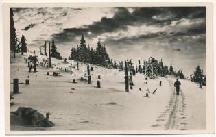 Hargita, Harghita; síelő, téli sport. Incze Margit felvétele / winter sport, skier (gyűrődés / crease)