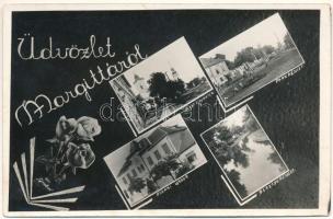 Margitta, Marghita; Szent István tér, Park részlet, Állami iskola, Berettyó részlet / square, park, school, riverside. Foto Gombos, Floral (fl)