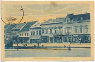 Kolozsvár, Cluj; Mátyás király téri részlet, Wolff J. gyógyszertára, Hubay Károly, Bányai Sámuel és Fia, Csiky Mihály, Jeszenszky Ferenc, Dániel Antal, Stein Z. üzlete, Kolozsvári Takarékpénztár és Hitelbank Részvénytársaság. Keszey Albert kiadása / square, pharmacy, shops, savings bank (fl)