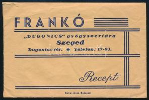 Frankó "Dugonics" gyógyszertára Szeged receptboríték, 11×7,5 cm