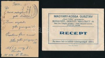 Magyary-Kossa Gusztáv "Szent Gellért" gyógyszertára Budapest Horthy Miklós út receptboríték + kézzel írt recept a gyógyszertár pecsétjével, 13,5×9 cm