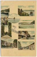 Orsova, Trikule, Babagája, Korona kápolna, Kazán dubovai rész, Széchenyi emléktábla, Széchenyi út, erdélyi népviselet. M. G. / Tricule, Babagaj rock, chapel, gorge, monument, road, Transylvanian folklore - 2-részes kihajtható lap egyik fele / one half of a 2-tiled folding card (b)