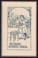 Nagy Sándor (1868-1950): Ex libris Arthuri Káldor (szecessziós könyvjegy), 1905. Vonalas klisé, papír, jelzett a klisén, kartonra kasírozva, 8,5×5 cm
